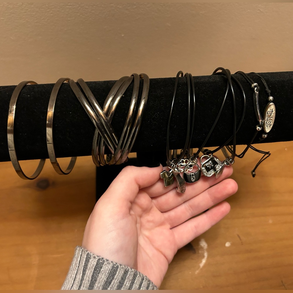 11 Bracelets, 8 charm, 3 metal bangles